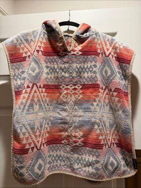 Pendleton Hooded Aztec Poncho Sweater - Coral, Gray & Cream